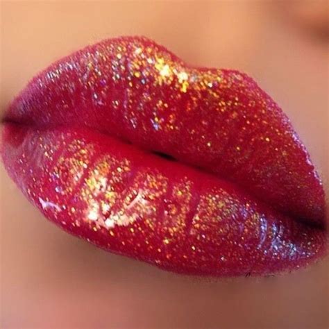 red lipstick with gold shimmer.